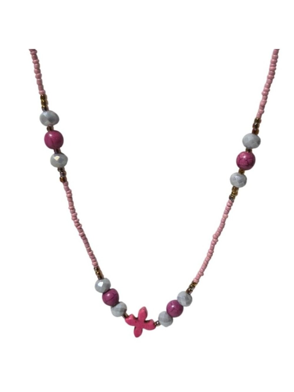 Handmade Pink Beaded Necklace Flower Charm Heart Clasp Whimsical Fashion Jewelry